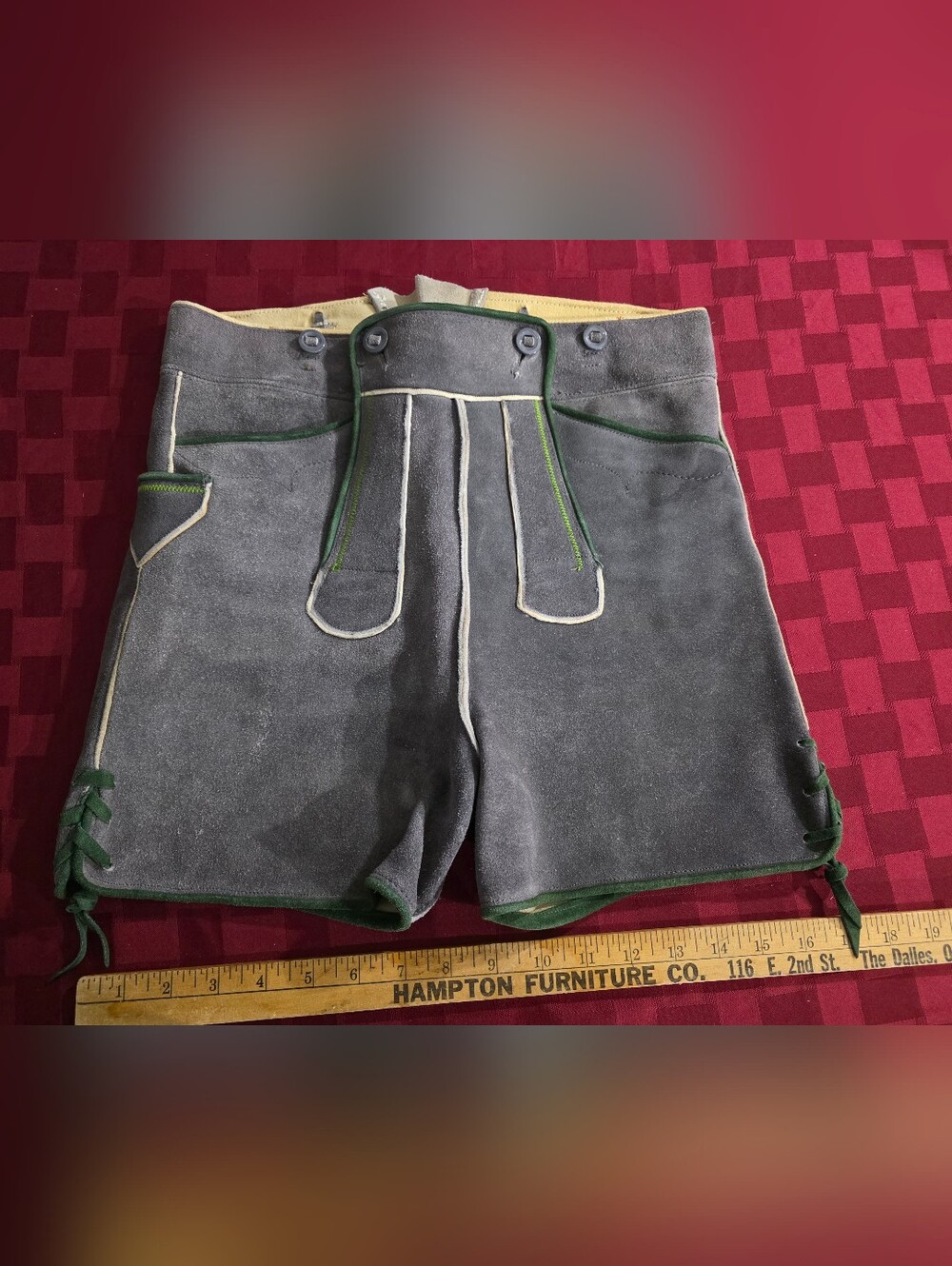 Authentic Vintage Lederhosen Oktoberfest Men Suede Leather Green Shorts